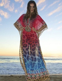 Fashion Red Leopard Print Loose V-neck Sun Dress