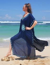 Fashion Dark Blue Nylon Embroidered Loose Large Plus Size Sunscreen Clothing