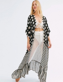 Fashion Black And White Plaid Striped Loose Long Cardigan Sun Cover