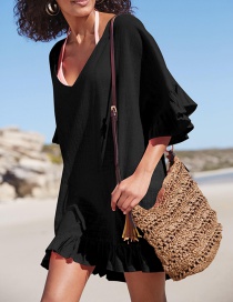 Fashion Black Bamboo Cotton V-neck Ruffle Sunscreen Dress
