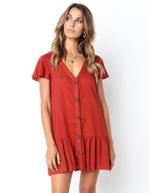 Fashion Rust Red Cotton Cotton Single-breasted Sunscreen Skirt Blouse