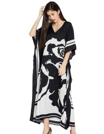 Fashion Black And White Black And White Floral Print Loose Long Sun Dress