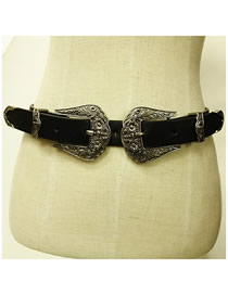 Fashion Silver Double Buckle Adjustable Metal Carved Belt