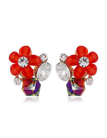 Fashion Red Alloy Crystal Flower Stud Earrings