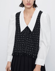 Fashion Black Tweed Paneled Contrast Lapel Top
