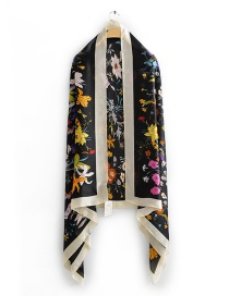 Fashion Black Contrast Border Flower Print Simulation Silk Scarf
