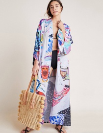 Fashion Color Mid-length Cardigan With Cotton Print And Belt