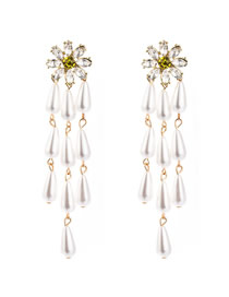 Fashion White Tassel Alloy Pearl And Diamond Flower Earrings