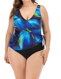 Fashion Blue Geometric Print V-neck Large Size One-piece Women's Swim