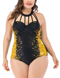 Fashion Black Printed Contrast Halter Hollow Plus Size One Piece Swimsuit