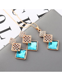 Fashion Sea Blue Geometric Square Diamond Earrings Necklace Set