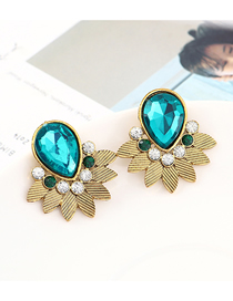 Fashion Kc Gold + Dark Blue Leaf And Diamond Earrings
