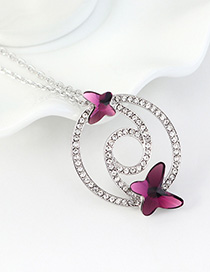 Fashion Purple Diamond And Butterfly Double Cutout Geometric Necklace