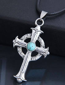 Fashion Silver Cross Turquoise Round Hollow Alloy Mens Necklace