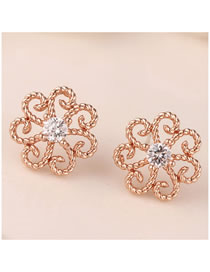 Fashion Rose Gold Hollow Alloy Earrings With Diamond Flowers