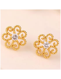 Fashion Golden Hollow Alloy Earrings With Diamond Flowers