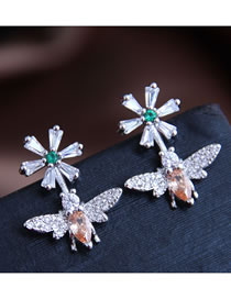 Fashion Silver Zircon Bee Flower Flower Stud Earrings