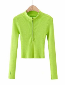 Fashion Fluorescent Green Half Turtleneck Zipper Knitted T-shirt