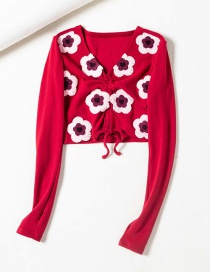 Fashion Wine Red V-neck Drawstring Embroidered Flower Short Sweater