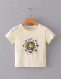 Fashion Beige Flower Print Short Sleeve T-shirt