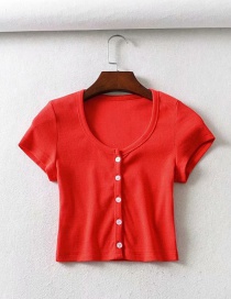Fashion Red Single-breasted Crew Neck T-shirt