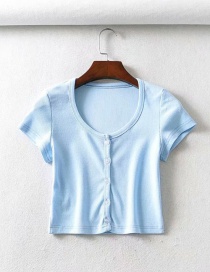 Fashion Light Blue Single-breasted Crew Neck T-shirt
