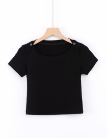 Fashion Black Short-sleeved T-shirt With Shoulder Buttons