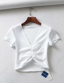 Fashion White Double V-neck Pleated T-shirt