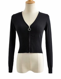 Fashion Black V-neck Zipper Long Sleeve Knit