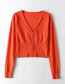 Fashion Orange V-neck Zipper Long Sleeve Knit