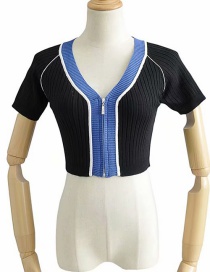 Fashion Black V-neck Short-sleeve Knit T-shirt