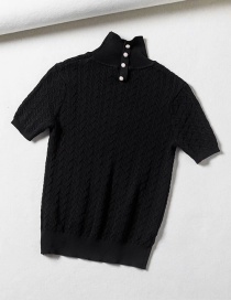 Fashion Black Pearl Button Twist Textured Knit Small Turtleneck Short Sleeve Top