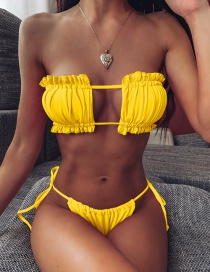 Fashion Yellow Pleated Cutout Tether Strap Triangle Split Swimsuit
