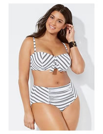 Fashion White Printed Gathered Striped Split High-waist Swimsuit
