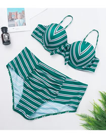 Fashion Green Printed Gathered Striped Split High-waist Swimsuit