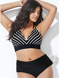 Fashion Black Striped Printed V-neck Pleated High Waist Plus Size Split Swimsuit