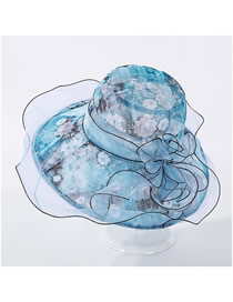 Fashion Blue Flower Cloth Big Brim Mesh Gauze Sun Hat