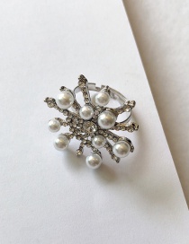 Fashion Silver Snowflake Imitation Pearl And Diamond Alloy Adjustable Ring