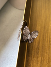 Fashion Single Butterfly In A Row Of Diamonds Silver Zircon Butterfly Open Adjustable Ring