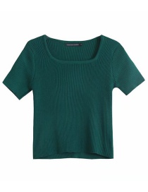 Fashion Green Knitted Square Collar Short Sleeve T-shirt