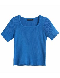 Fashion Blue Knitted Square Collar Short Sleeve T-shirt
