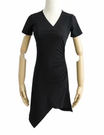 Fashion Black V-neck Irregular Hem Pleated Dress