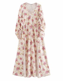 Fashion Cream Color Flower-print Drawstring Pleated Sleeve Dress