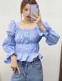 Fashion Blue Crinkled Square Collar Lamb Sleeve Pullover Shirt
