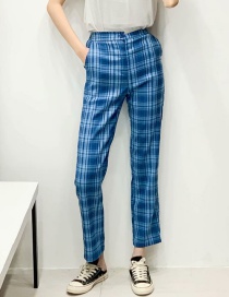 Fashion Blue High-waist Checked Printed Elasticated Pants