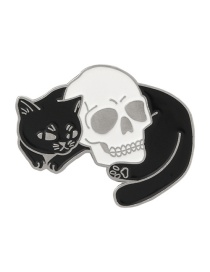 Fashion Black And White Skull Cat Frosted Enamel Brooch