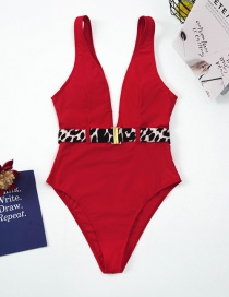 Fashion Red Leopard Print V-neck Snap Belted One-piece Swimsuit