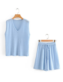 Fashion Blue V-neck Sleeveless Knit Top With Lace Shorts Set