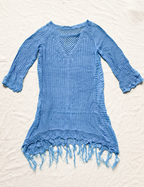 Fashion Blue Knitted Openwork Tassel Top