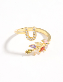 Fashion U Gold Flower Copper Micro-set Zircon English Alphabet Ring